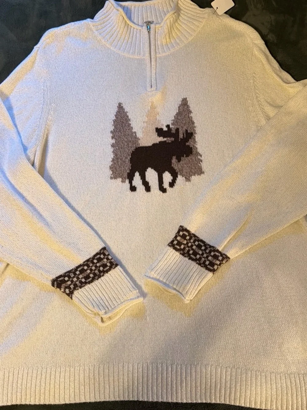 CJ Banks Cream Pullover with Brown Moose and Tree Accents - Picture 3 of 6